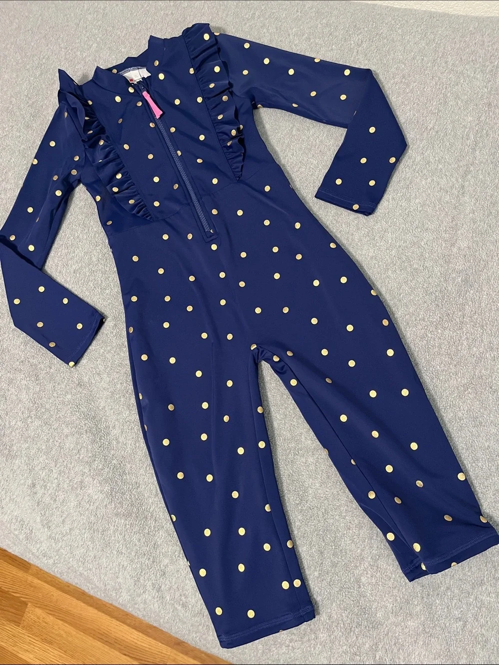 Mini Boden Rashgaurd Onepeice Jumpsuit Swimsuit Girls 7 Longsleeve Polkadot Zip